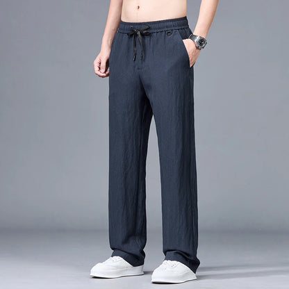 Men’s Summer Ice Silk Linen Casual Pants – Lightweight, Breathable Straight-Leg Trousers with Wide-Leg, Drawstring, Baggy Fit, and Elastic Waist for Effortless Comfort