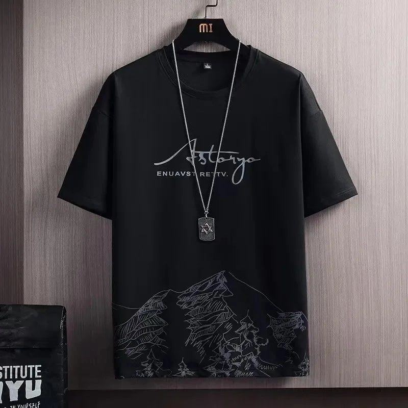 Men's Ice Silk Short Sleeve T-Shirt Suit Summer New Digital Printing Fashionable Korean Style Slims Smooths Your Silhouette Spor - Ellianto fashion Men's