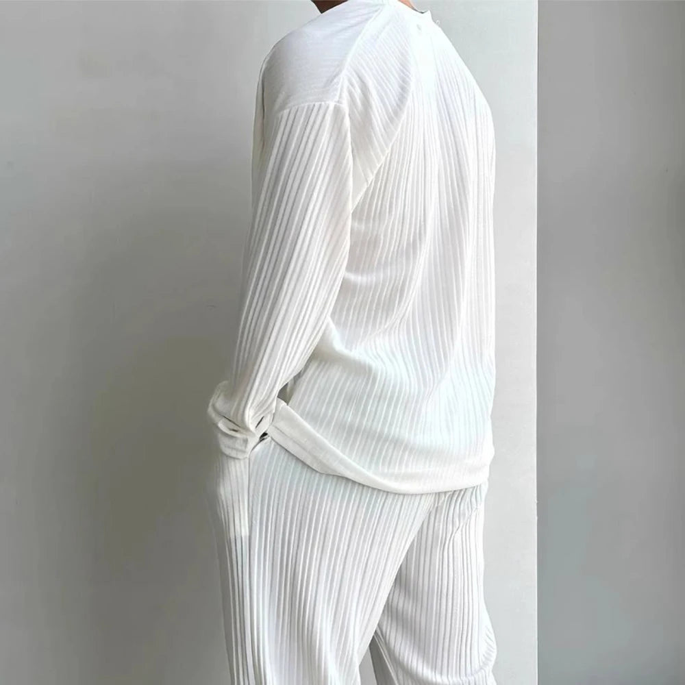 Mens Striped Sexy Solid Color V-Neck Knitted Long Sleeves Sweater Pants Autumn Casual Fashion Two-Piece Set Men’s Clothing 2024 - Ellianto fashion Men's
