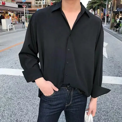Trendy Korean Style Black Long Sleeve Casual Loose Fit Men's Shirt Draped Fashionable Smart Casual Thin Knit Top For Men - Ellianto fashion Men's