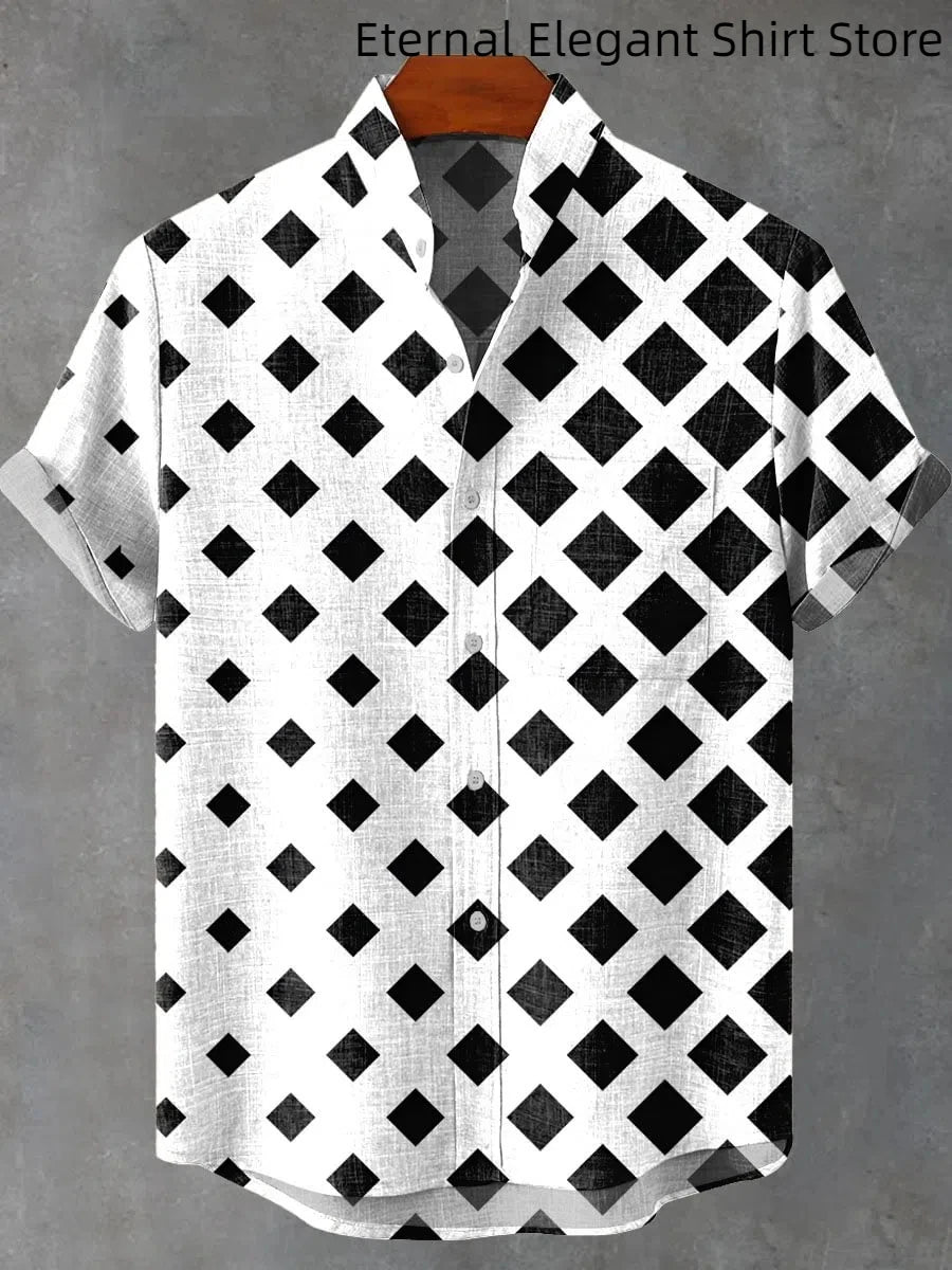 2025 Men's New Hot Selling Cool Checkered Pattern Printed Summer Comfortable Linen Short sleeved Shirt Men's Casual Button Top - Ellianto fashion Men's