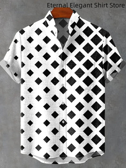 2025 Men's New Hot Selling Cool Checkered Pattern Printed Summer Comfortable Linen Short sleeved Shirt Men's Casual Button Top - Ellianto fashion Men's