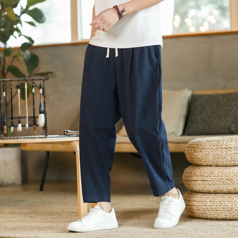 Men's Trousers Cotton Linen Fashion Casual Pants Solid Color Breathable Loose Shorts Straight Drawstring Pants Streetwear Men - Ellianto fashion Men's