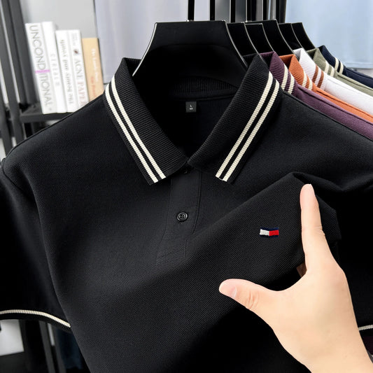 100% pure cotton summer men original embroidered short sleeved fashionable striped lapel shirt polo shirt breathable T-shirt top - Ellianto fashion Men's