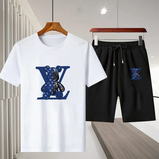 Set 2025 Summer Men's Outdoor Leisure Fitness Jogging Set: Breathable pure cotton short-sleeved T-shirt + quick-drying Shorts, a two - Ellianto fashion Men's