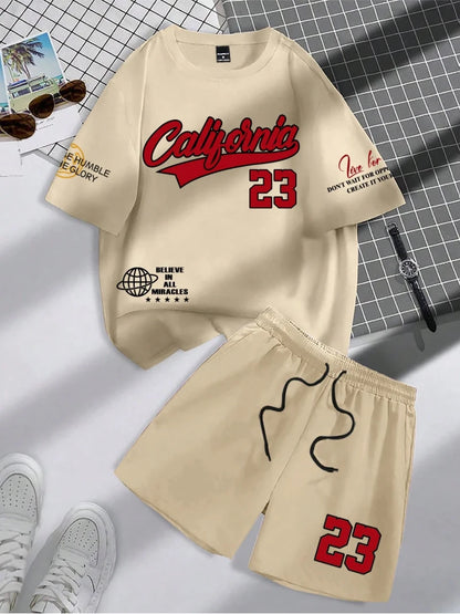 Set Summer Trend Men's Round Neck Short Sleeve Set Fashion Personalized Alphanumeric Print Round Neck T-shirt and Shorts Two Piece - Ellianto fashion Men's