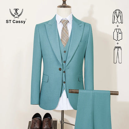 ST Cassy High Quality Men's Suit Summer thin Green Slim Fit Formal Business Office Men's Suits（jacket+Vest+Pants） - Ellianto fashion Men's