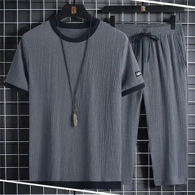 Ice Silk Men's Summer Loose Large Size Casual Sports Set Short Sleeve Seven Pants Two Piece Set Comfortable Breathable Clothing - Ellianto fashion Men's