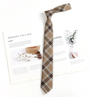 Vintage Brown Plaid Necktie Women's Lazy Person's Japanese Style Preppy Small Tie Bow Tie Handmade Men's Tie