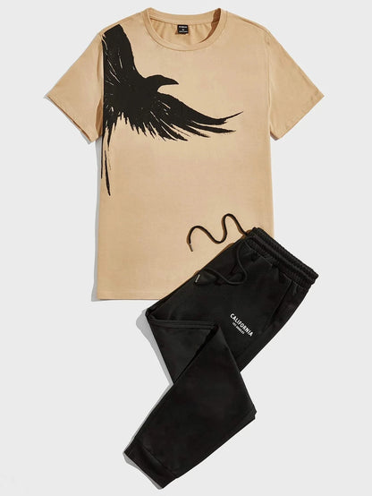 Set 2025 Simple Casual Men's T-shirt Short-sleeved Suit And Pants Fashion Eagle Print Pattern Sports And Leisure Two-piece Set - Ellianto fashion Men's