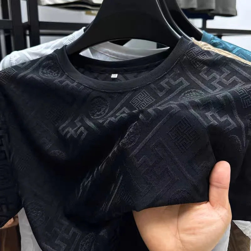 Fashion new brand ice silk breathable short sleeved men's round neck top cool and comfortable T-shirt men's clothing 2025 summer - Ellianto fashion Men's