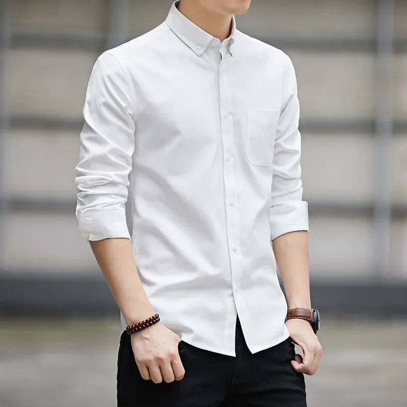 New Hot Sale Of The Season Men's Long Sleeve Oxford Cloth Casual Shirt Slim Fit Korean Style Shirt Comfortable Breathable Spring - Ellianto fashion Men's