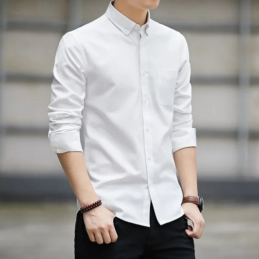 New Hot Sale Of The Season Men's Long Sleeve Oxford Cloth Casual Shirt Slim Fit Korean Style Shirt Comfortable Breathable Spring - Ellianto fashion Men's