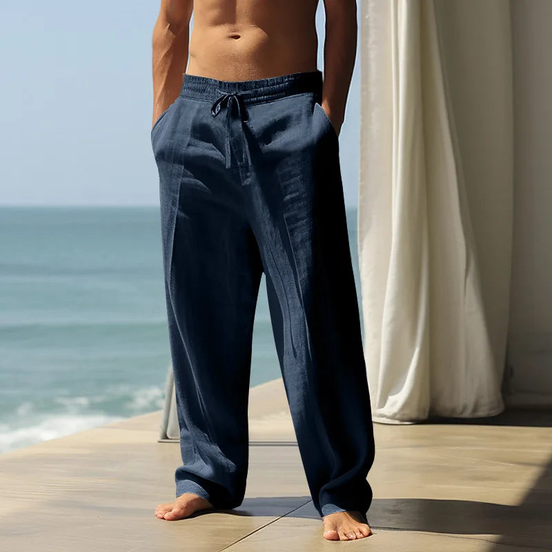 Men's Summer Drawstring Waist Wide Leg Loose Cotton Linen Yoga Pants Beach Casual Trousers with Pockets Casual Lightweight Pants - Ellianto fashion Men's