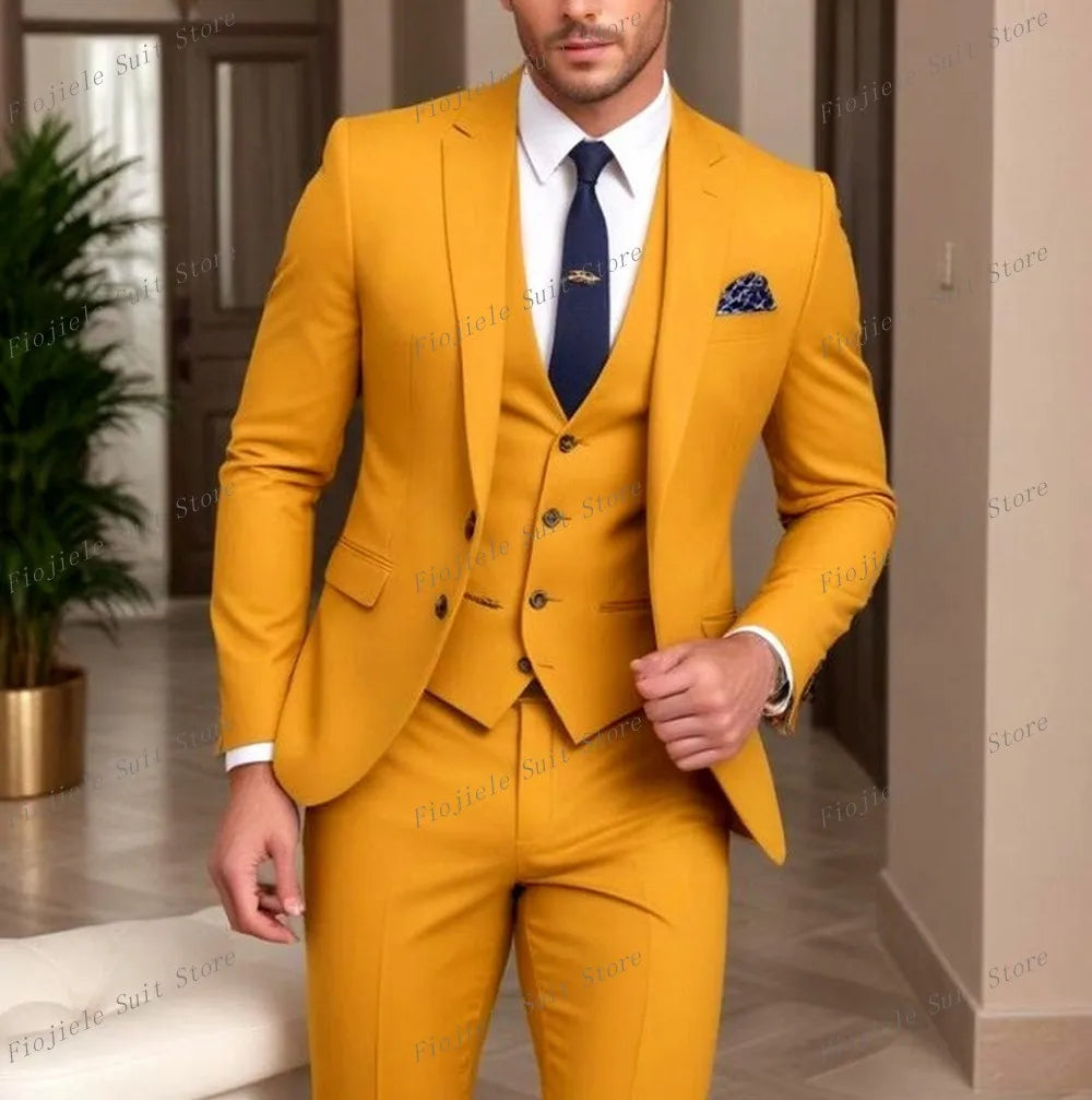 New Beige Business Suit Men Tuxedos Groom Groomsman Prom Wedding Party Formal 3 Piece Set Jacket Vest Pants - Ellianto fashion Men's