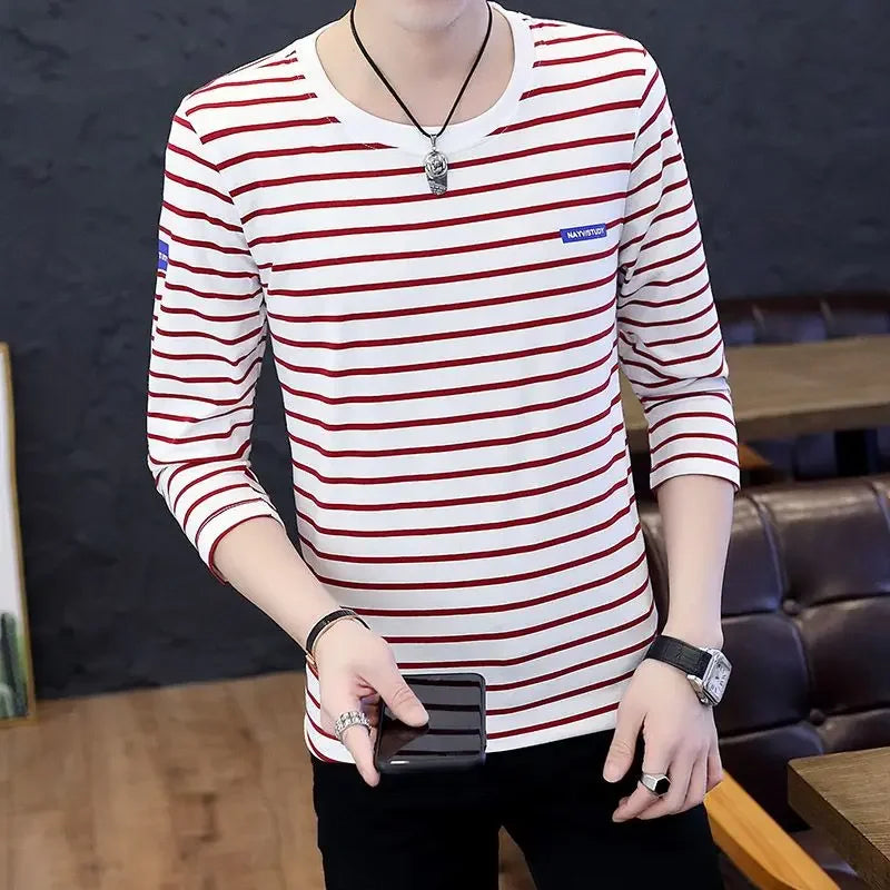 T Shirts for Men Stripe Tops Red Cotton Male Clothes Round Neck Harajuku Fashion Sale High Brand Regular Fit It Full Sleeve Tee - Ellianto fashion Men's