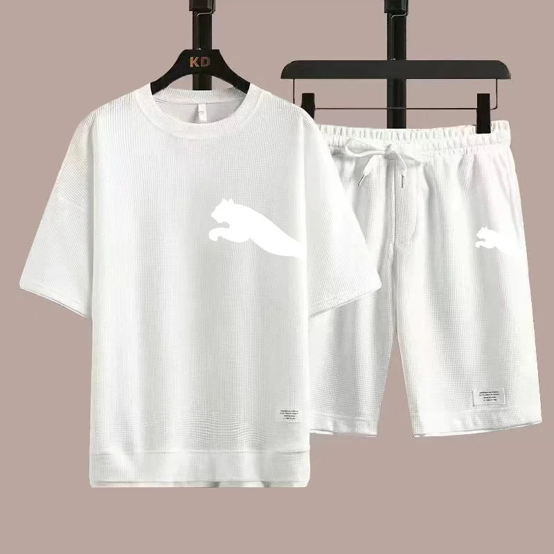 Set 2025 new casual sportswear for men summer two-piece clothing short-sleeved round neck and shorts two fashionable clothes - Ellianto fashion Men's