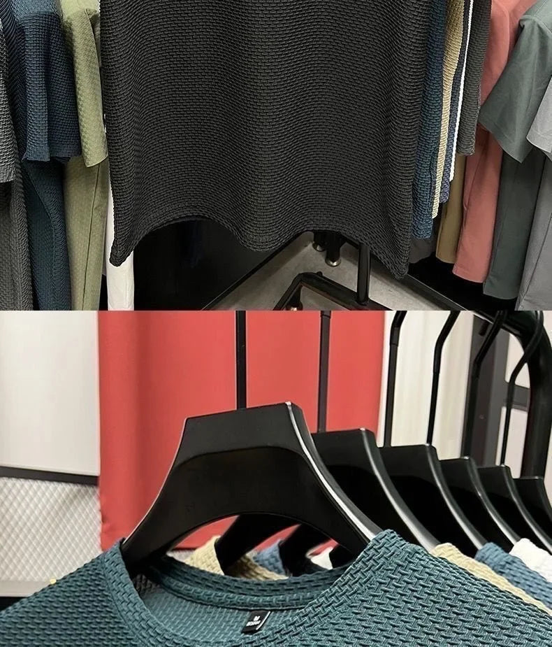 Men's Ice Silk T-Shirt Short Sleeve Lightweight Breathable Comfortable Cool Feeling Casual Trendy Summer Elastic Slim Fit - Ellianto fashion Men's