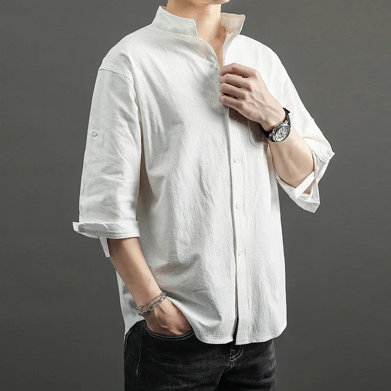 2023 Summer Cotton-Linen 3/4 Sleeve Shirt – Lightweight Comfort and Relaxed Japanese-Inspired Style for the Modern Gentleman
