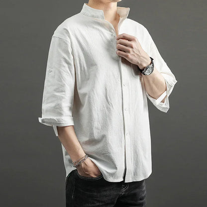 2023 Summer Cotton-Linen 3/4 Sleeve Shirt – Lightweight Comfort and Relaxed Japanese-Inspired Style for the Modern Gentleman