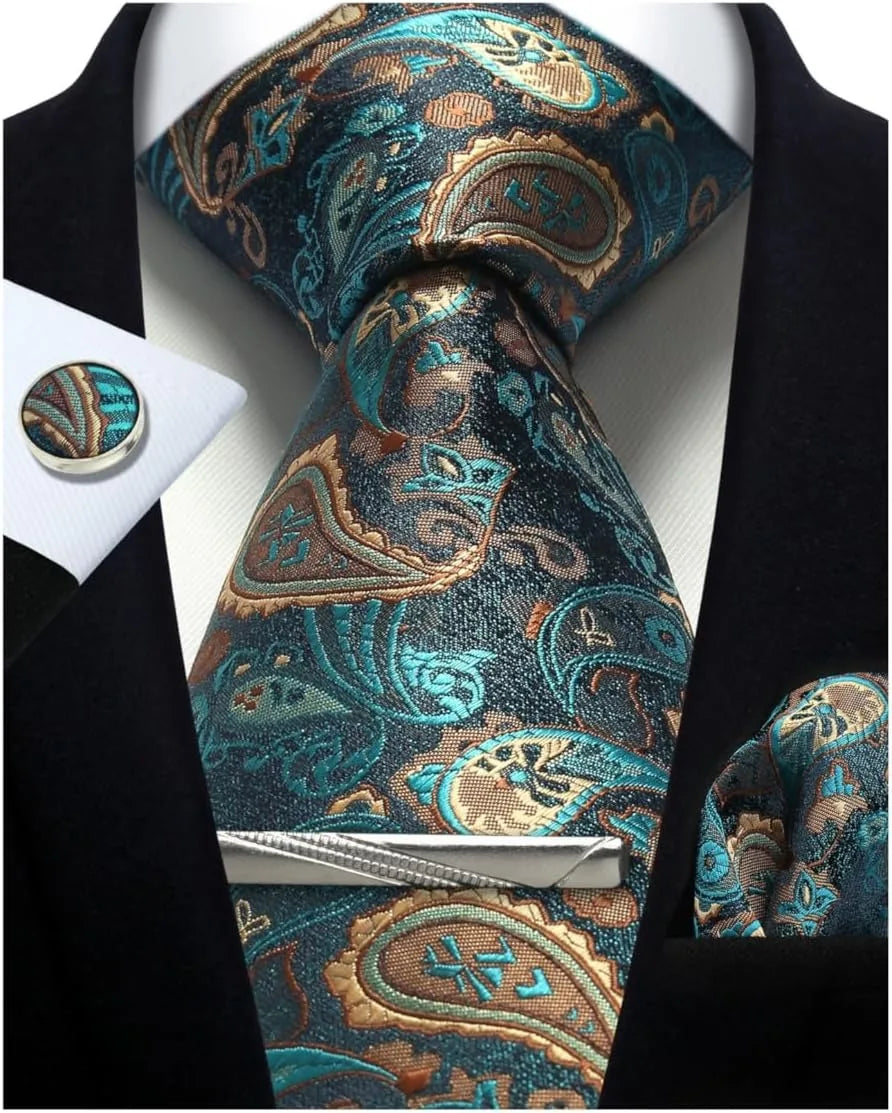 100% Silk Necktie Paisley Floral Mens Tie Top Quality Business Tie Pocket Square Tie Clip Cufflinks Set Classic For Men Gift Box - Ellianto fashion Men's