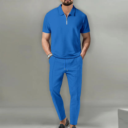 2025 New Men's POLO Shirt 2 Sets Casual Fashion Commercial Breathable Lapel, Pants pull rope Solid Color Men 2 sets - Ellianto fashion Men's