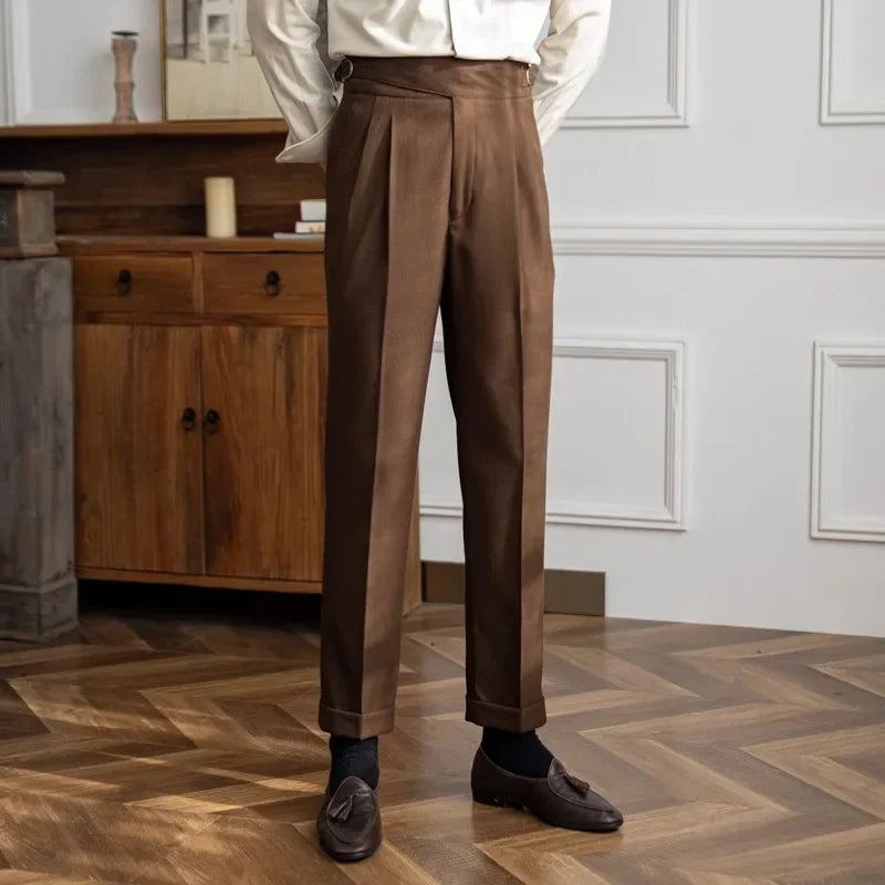 High Waist Straight Leg Casual Men's Trousers Italian Neapolitan Style Versatile Long Pants British Retro Suiting - Ellianto fashion Men's