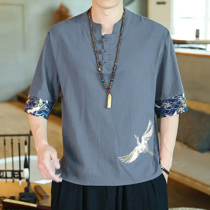 Men’s Chinese-Style Summer Cotton-Linen Short-Sleeve Shirt – Lightweight Comfort with Elegant Embroidered Crane Design for the Modern Gentleman