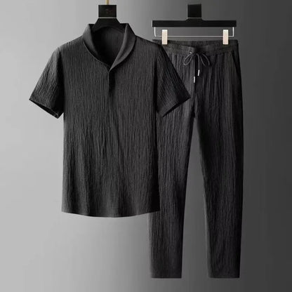 Summer Ultra-thin Five-piece Ice Silk Linen Suit Men's Cotton Linen 2-piece Set Loose-fit Mid-sleeve T-shirt Sports Wear - Ellianto fashion Men's