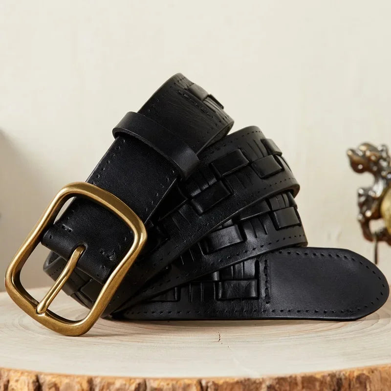 Premium Quality Leather Belt for Men, Handmade Braided Waistband with Retro Style Needle Buckle, First Layer Cowhide Woven Belt - Ellianto fashion Men's