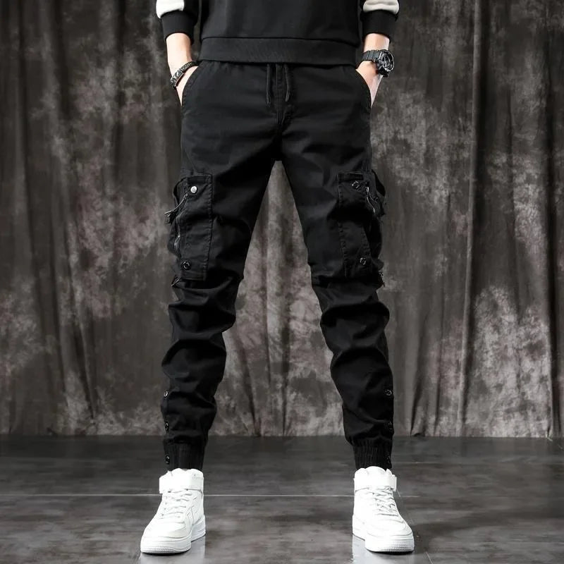 Trendy Men's Spring Autumn Cargo Pants Slim Fit Casual Style Loose Fit American Style Multiple Pocket Small Foot Pants Black - Ellianto fashion Men's