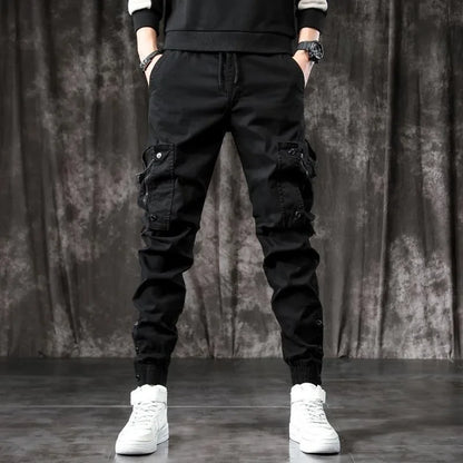 Trendy Men's Spring Autumn Cargo Pants Slim Fit Casual Style Loose Fit American Style Multiple Pocket Small Foot Pants Black - Ellianto fashion Men's