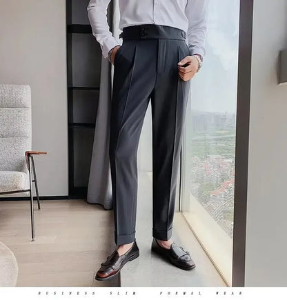 AutumnCasualTrousersMenStraight-LegNarrow-FitHigh-WaistedSlimsBritishStyleSuit Pants BusinessAttire - Ellianto fashion Men's