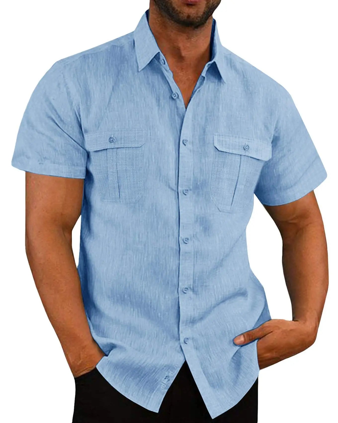Shirts for Men Handmade Shirt Man Double Pocket Shirt Short Sleeve Men Shirt Linen Shirts for Men Men Cotton Shirt Short Sleeve - Ellianto fashion Men's