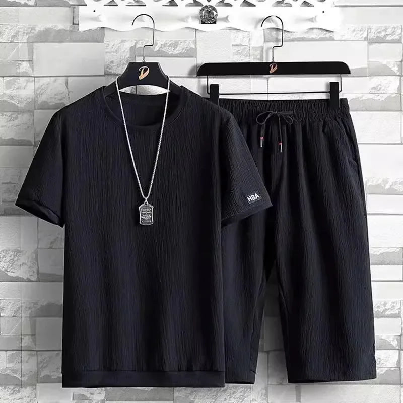 Summer Casual Ice Silk Short Sleeve T-Shirt Shorts Set for Men Fashionable Two-Piece Suit Lightweight Male Clothing Ensemble - Ellianto fashion Men's