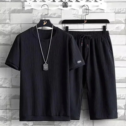 Summer Casual Ice Silk Short Sleeve T-Shirt Shorts Set for Men Fashionable Two-Piece Suit Lightweight Male Clothing Ensemble - Ellianto fashion Men's