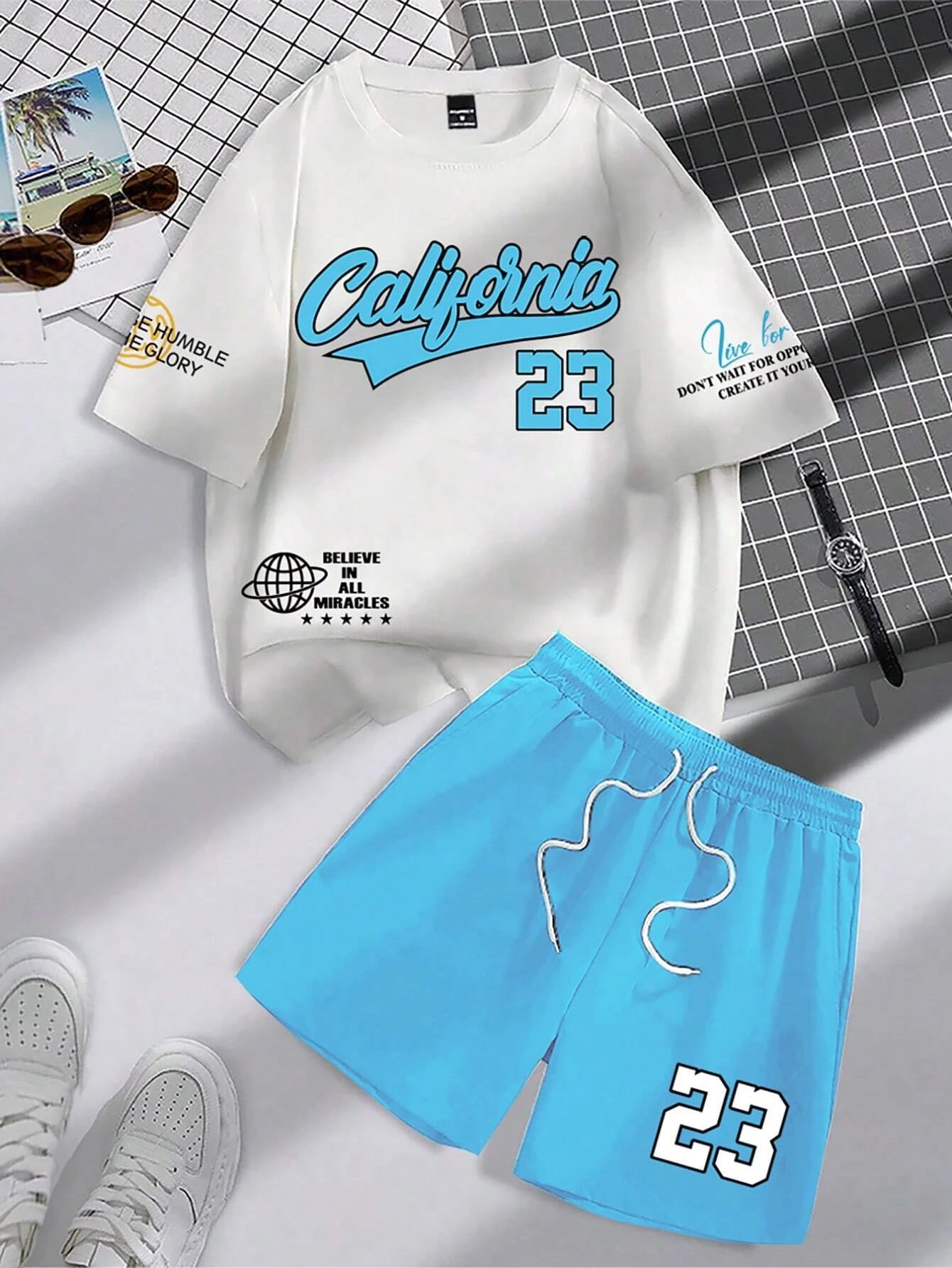 Set Summer Trend Men's Round Neck Short Sleeve Set Fashion Personalized Alphanumeric Print Round Neck T-shirt and Shorts Two Piece - Ellianto fashion Men's