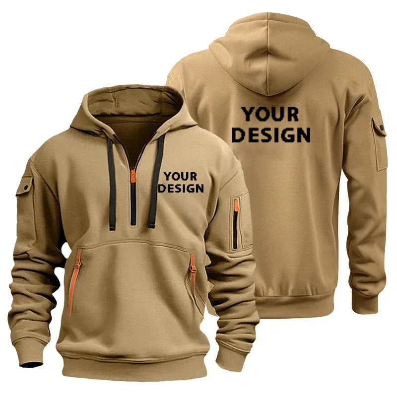 European New Men's Sports Zipper Arm Pocket Loose Casual Sweatshirt Customize Your Logo Dropped Shoulder Hooded Jacket Pullover - Ellianto fashion Men's