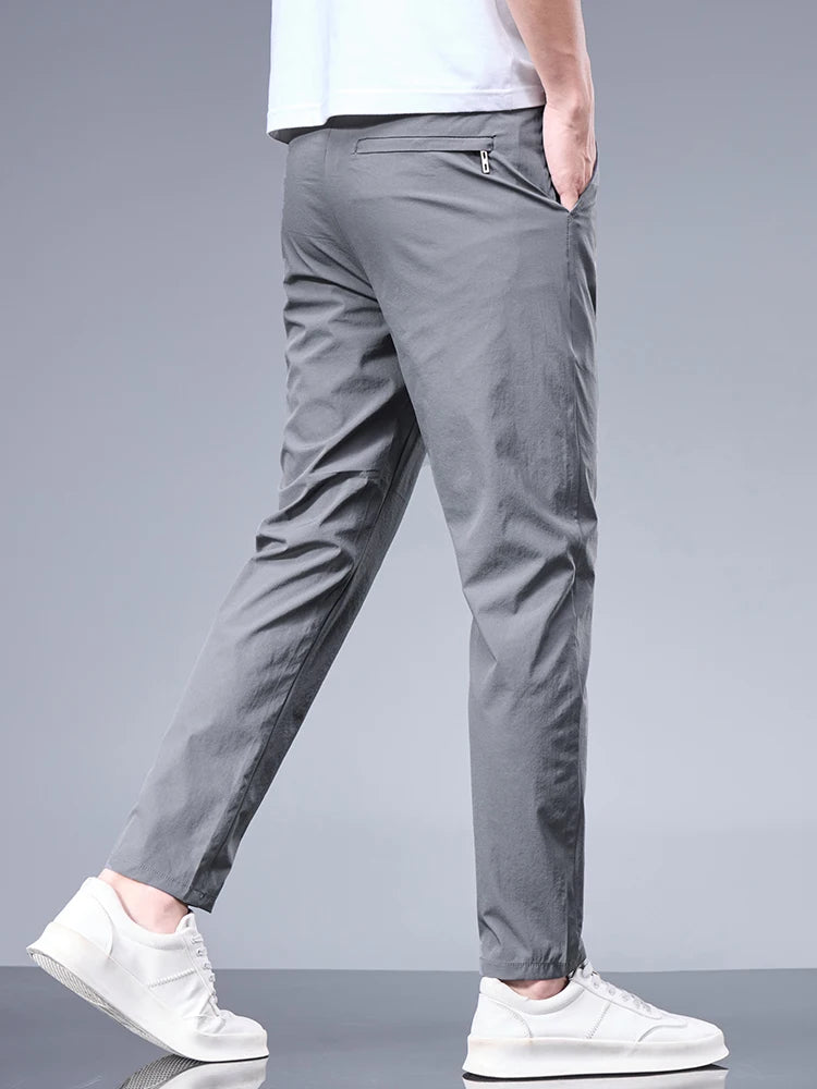 Summer New Business Ice Silk Pants Straight Elastic Waist Black Gray Trousers Breathable Simple Male Clothing Casual Suit Pants - Ellianto fashion Men's
