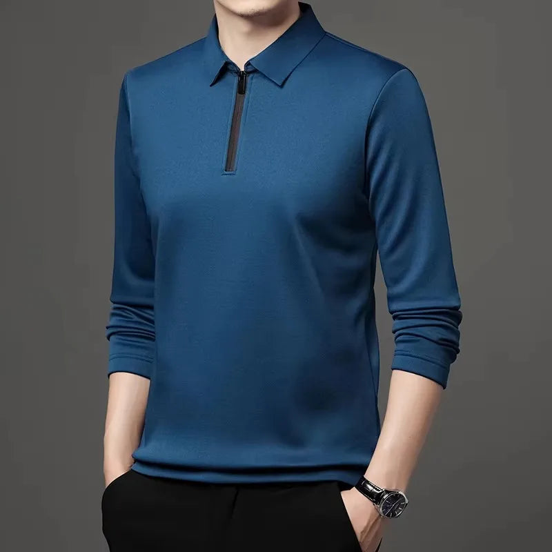 New T Shirt Zipper Polo Shirt Male Fashion Turn-Down Collar Long Sleeve Business Men Clothes - Ellianto fashion Men's
