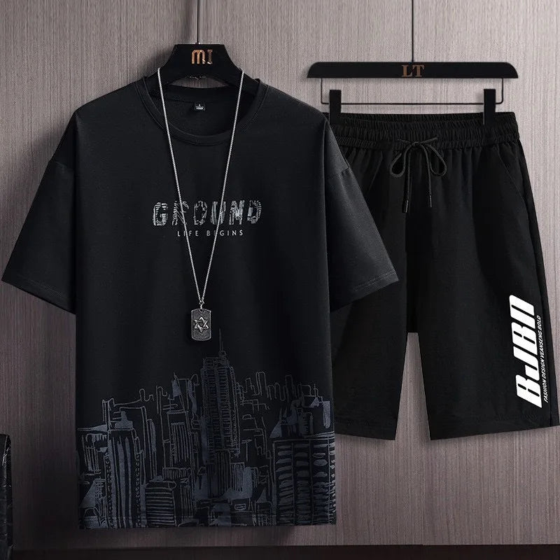 Casual Fashion Men's Two-piece Set Short Sleeve T-shirt Shorts Summer Style Sporty Stylish Men's Wear - Ellianto fashion Men's