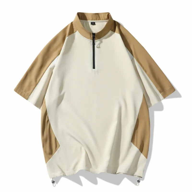2025 New Men's Black Gray Color Blocked T-shirt Mountain Style Quick Drying Training Suit Fashionable Zipper Collar Sports Top - Ellianto fashion Men's