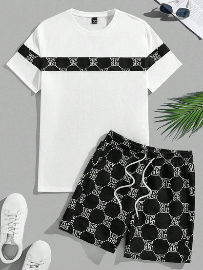 Set Men's Suit Retro Fashion Letters Printed Round Neck T-shirt Shorts Suit Comfortable And Breathable Men's Two-piece Suit - Ellianto fashion Men's