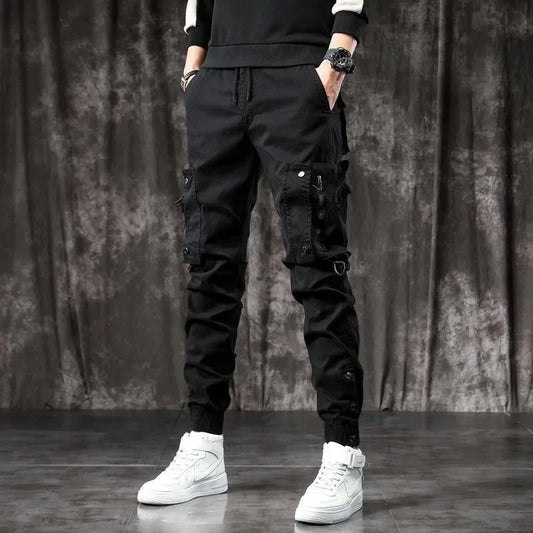 Trendy Men's Spring Autumn Cargo Pants Slim Fit Casual Style Loose Fit American Style Multiple Pocket Small Foot Pants Black - Ellianto fashion Men's