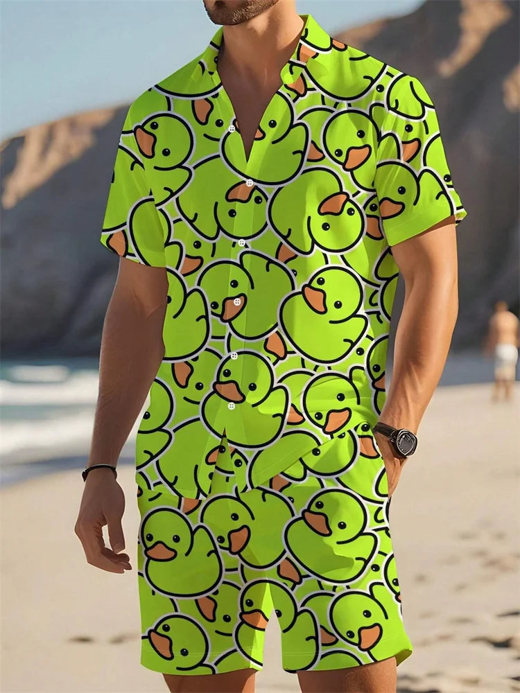 Hawaii Shirt Set Mens Yellow Duck Print Fashion Pattern Summer Fashion Casual Daily Large Button Down Shirt Shorts Two Piece Set - Ellianto fashion Men's