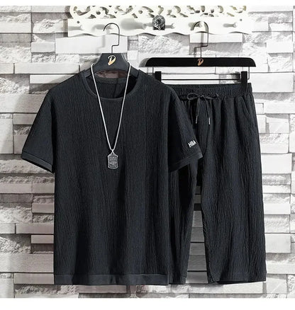 Ice Silk Summer Casual Sports Suit Men's Short Sleeve T-Shirt Shorts Set Fashionable Two-Piece Set for Men Comfortable Breathabl - Ellianto fashion Men's