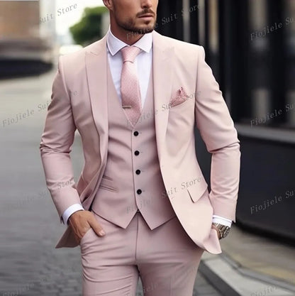 New Beige Business Suit Men Tuxedos Groom Groomsman Prom Wedding Party Formal 3 Piece Set Jacket Vest Pants - Ellianto fashion Men's