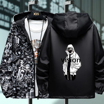NEW Strewear Graffiti Printed Fashion Reversible Male god Jacket Men Thin Hooded Jackets Windbreakers Clothing Plus Size