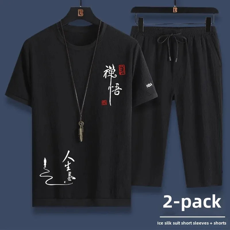 Ice Silk Summer Casual Sports Suit Men's Short Sleeve T-Shirt Shorts Set Fashionable Two-Piece Set for Men Comfortable Breathabl - Ellianto fashion Men's