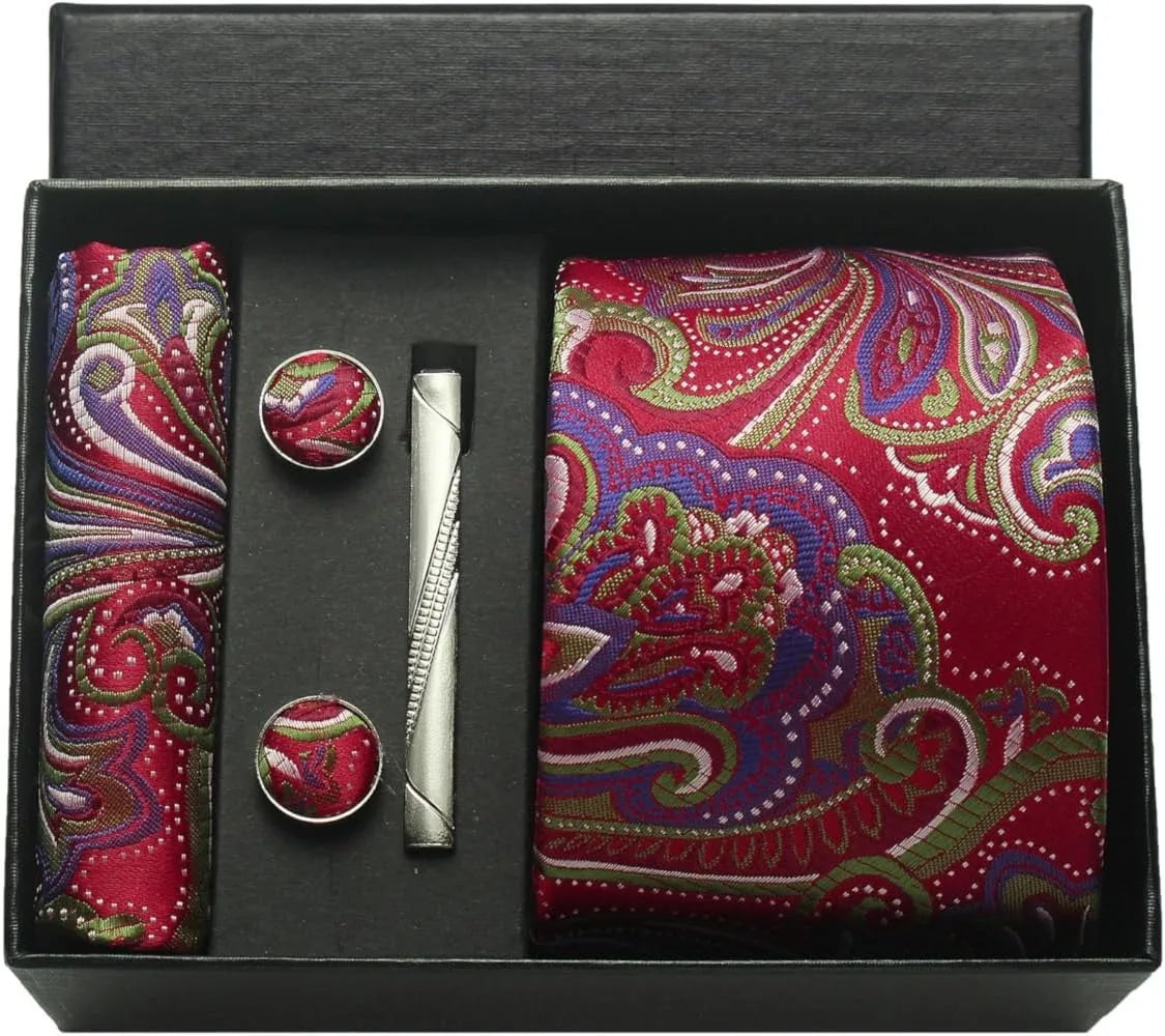 100% Silk Necktie Paisley Floral Mens Tie Top Quality Business Tie Pocket Square Tie Clip Cufflinks Set Classic For Men Gift Box - Ellianto fashion Men's
